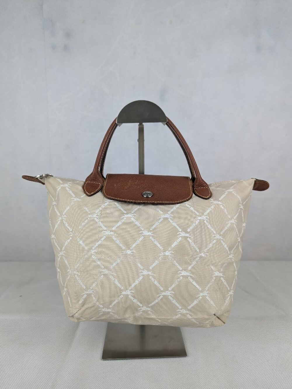 Longchamp Le Pliage Band Signature Print Nylon Tote Bag Beige Made in France